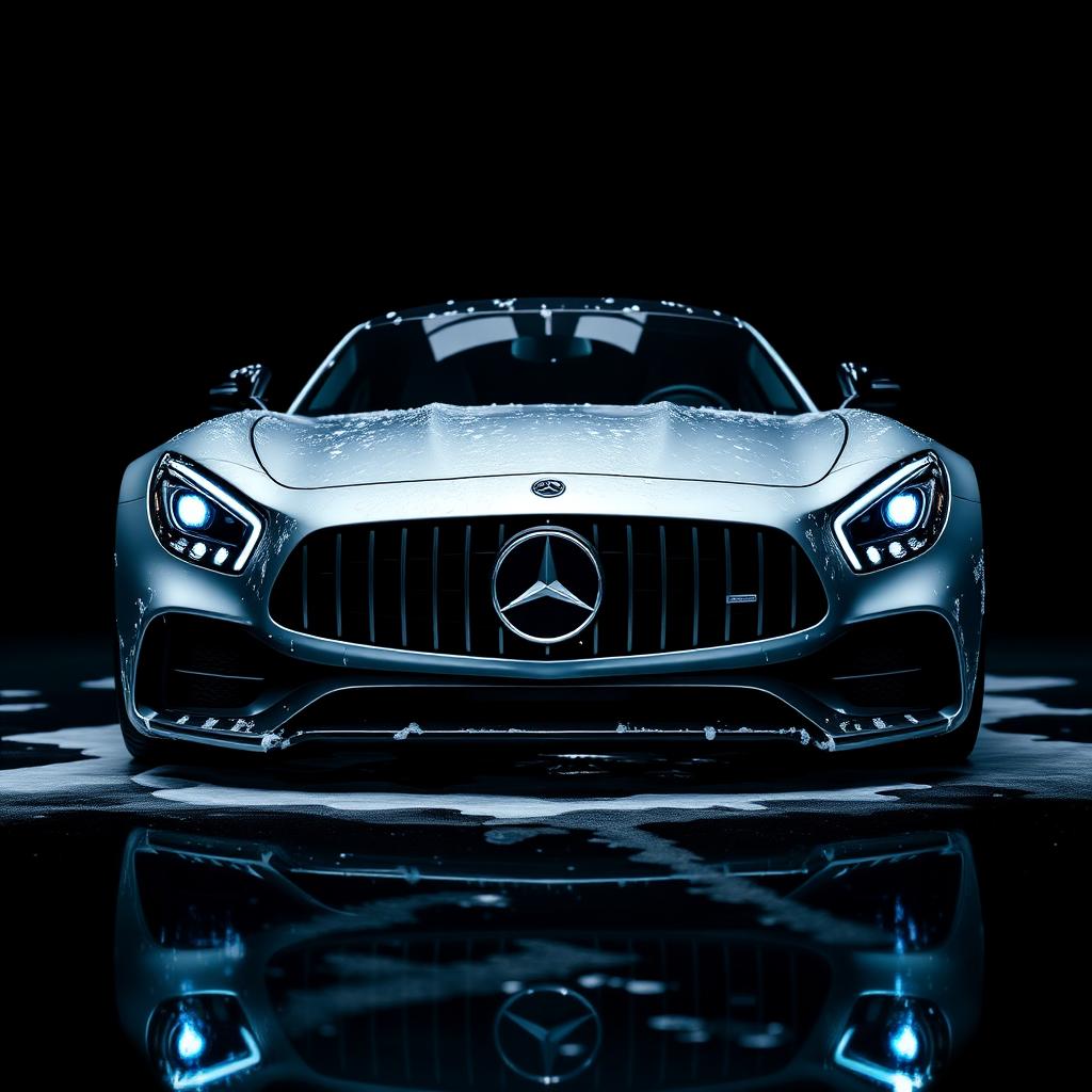 Silver Mercedes-Benz AMG GT with wet reflective paint